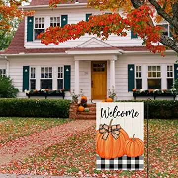 PANDICORN Welcome Fall Garden Flag 12x18 Inch Double Sided, Black Buffalo Plaid Check Orange Pumpkins, Small Vertical Autumn Thanksgiving Seasonal Decor for Outdoor Yard Garden
