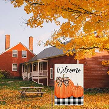 PANDICORN Welcome Fall Garden Flag 12x18 Inch Double Sided, Black Buffalo Plaid Check Orange Pumpkins, Small Vertical Autumn Thanksgiving Seasonal Decor for Outdoor Yard Garden