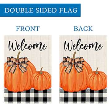 PANDICORN Welcome Fall Garden Flag 12x18 Inch Double Sided, Black Buffalo Plaid Check Orange Pumpkins, Small Vertical Autumn Thanksgiving Seasonal Decor for Outdoor Yard Garden