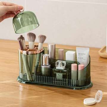 CANITORON Makeup Organizer for Vanity,Skincare Organizer with Makeup Brush Holder Organizer,Partitioned Storage Cosmetic Display Cases,Makeup Case for Bedroom Countertop and Bathroom Storage.CB-Green