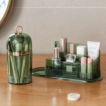 CANITORON Makeup Organizer for Vanity,Skincare Organizer with Makeup Brush Holder Organizer,Partitioned Storage Cosmetic Display Cases,Makeup Case for Bedroom Countertop and Bathroom Storage.CB-Green