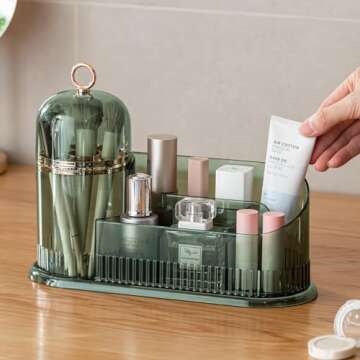 CANITORON Makeup Organizer for Vanity,Skincare Organizer with Makeup Brush Holder Organizer,Partitioned Storage Cosmetic Display Cases,Makeup Case for Bedroom Countertop and Bathroom Storage.CB-Green