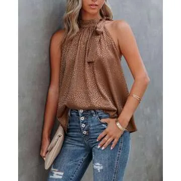 BTFBM Women Sleeveless Tie Mock Neck Summer Tops Loose Casual Side Bow Satin Halter Tank Top Blouse Shirts(Halter Dark Brown, Large)