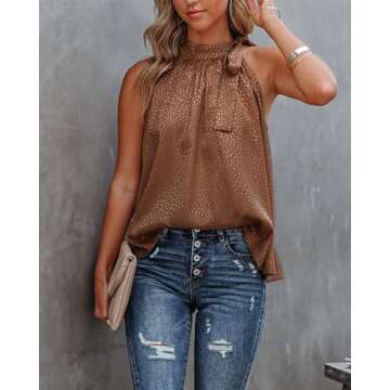 BTFBM Women Sleeveless Tie Mock Neck Summer Tops Loose Casual Side Bow Satin Halter Tank Top Blouse Shirts(Halter Dark Brown, Large)