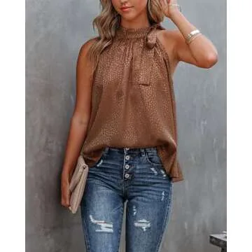 BTFBM Women Sleeveless Tie Mock Neck Summer Tops Loose Casual Side Bow Satin Halter Tank Top Blouse Shirts(Halter Dark Brown, Large)