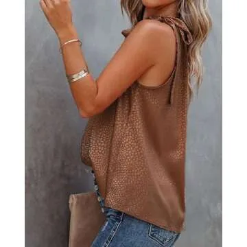 BTFBM Women Sleeveless Tie Mock Neck Summer Tops Loose Casual Side Bow Satin Halter Tank Top Blouse Shirts(Halter Dark Brown, Large)