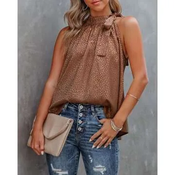 BTFBM Women Sleeveless Tie Mock Neck Summer Tops Loose Casual Side Bow Satin Halter Tank Top Blouse Shirts(Halter Dark Brown, Large)