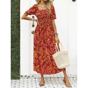 ZESICA Women's 2025 Summer Boho Floral Print Square Neck Ruffle Swing Beach Long Maxi Dress,Rust,Small