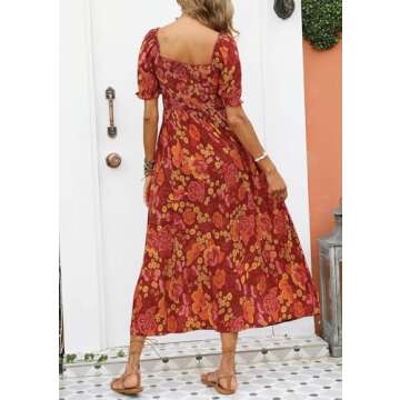ZESICA Women's 2025 Summer Boho Floral Print Square Neck Ruffle Swing Beach Long Maxi Dress,Rust,Small