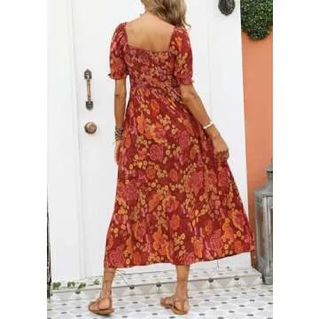 ZESICA Women's 2025 Summer Boho Floral Print Square Neck Ruffle Swing Beach Long Maxi Dress,Rust,Small