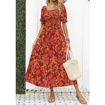 ZESICA Women's 2025 Summer Boho Floral Print Square Neck Ruffle Swing Beach Long Maxi Dress,Rust,Small