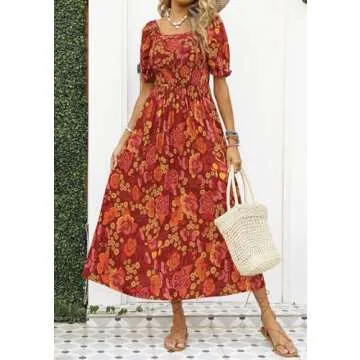 ZESICA Women's 2025 Summer Boho Floral Print Square Neck Ruffle Swing Beach Long Maxi Dress,Rust,Small
