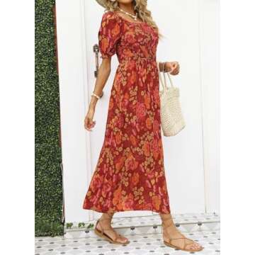 ZESICA Women's 2025 Summer Boho Floral Print Square Neck Ruffle Swing Beach Long Maxi Dress,Rust,Small
