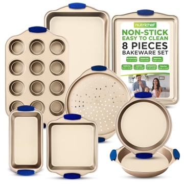 NutriChef 8-Piece Nonstick Bakeware Set - Heavy Duty Carbon Steel Baking Pans w/ Blue Silicone Handl...