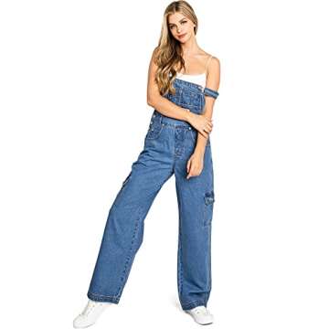 Lana Roux 90s Retro Dungaree Utility Denim Jumpsuit Jean Overalls (Cargo Denim, Small)
