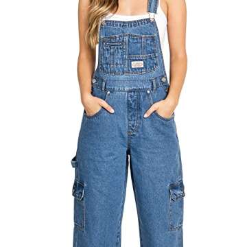 Lana Roux 90s Retro Dungaree Utility Denim Jumpsuit Jean Overalls (Cargo Denim, Small)