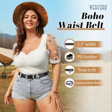 WERFORU Women Leather Belt for Jeans Pants Ladies Black Belt for Dress with Western Silver Buckle, B...