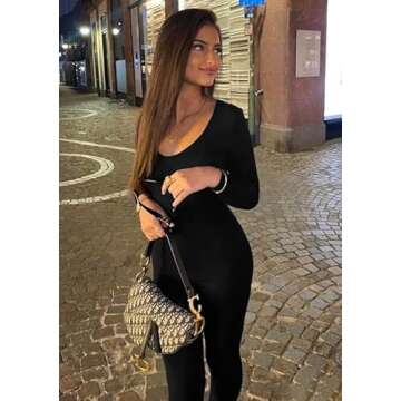 LAGSHIAN Women's Sexy Bodycon Long Sleeve Scoop Neck One Piece Jumpsuit Romper Black