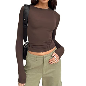 Cioatin Women’s Long Sleeve Round Neck Crop Top in Coffee Brown