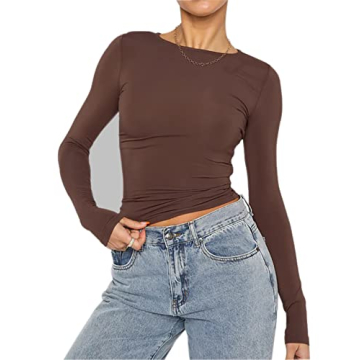 Cioatin Women’s Long Sleeve Round Neck Crop Top in Coffee Brown