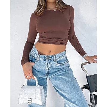 Cioatin Women’s Long Sleeve Round Neck Crop Top in Coffee Brown