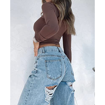 Cioatin Women’s Long Sleeve Round Neck Crop Top in Coffee Brown