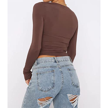 Cioatin Women’s Long Sleeve Round Neck Crop Top in Coffee Brown