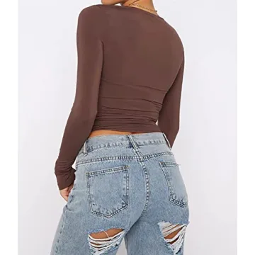 Cioatin Women’s Long Sleeve Round Neck Crop Top in Coffee Brown