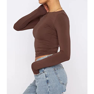 Cioatin Women’s Long Sleeve Round Neck Crop Top in Coffee Brown