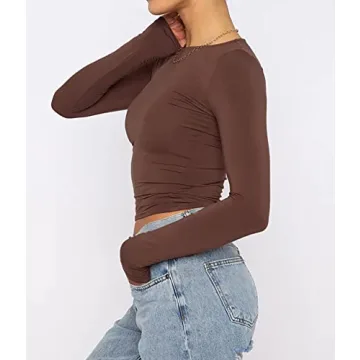 Cioatin Women’s Long Sleeve Round Neck Crop Top in Coffee Brown