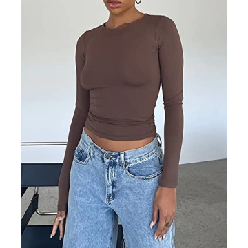 Cioatin Women’s Long Sleeve Round Neck Crop Top in Coffee Brown