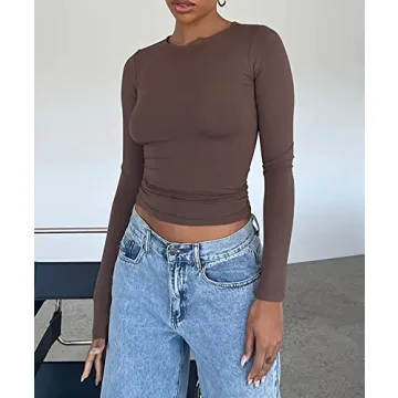 Cioatin Women’s Long Sleeve Round Neck Crop Top in Coffee Brown