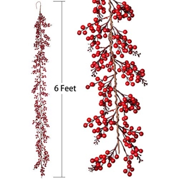 DearHouse 6FT Red Berry Christmas Garland for Holiday Decor