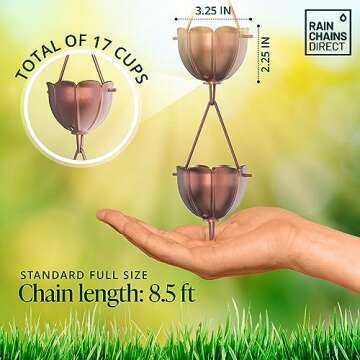 Rain Chains Direct - Tulip Rain Chain - 8.5 FT - Pure Solid Copper - Premium Rain Chains for Gutters