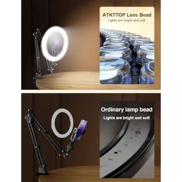 Overhead Phone Mount for Recording,Clip-on Overhead Phone Holder[Anti-Shaking] with 10.5" Ring Light,Content Creator Essentials Overhead Tripod for iPhone for Video Recording