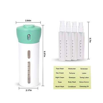 Travigo 4-in-1 Travel Dispenser Bottle, TSA Approved,Includes Four Empty Reusable 1.4 oz. (40 mL) Cosmetic Toiletry Containers for Sanitizer, Soap, Lotions, Skincare, Makeup Products (Green)