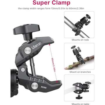 Camera Clamp Mount Accessories for Action Camera - ULANZI R099 Super Clamp Ball Head Mount 1.5kg/3.3lb Loading Metal Bike Motorcycle Handlebar Attachments