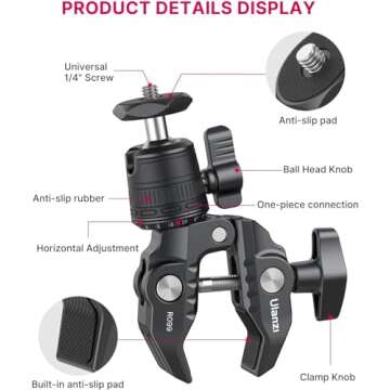 Camera Clamp Mount Accessories for Action Camera - ULANZI R099 Super Clamp Ball Head Mount 1.5kg/3.3lb Loading Metal Bike Motorcycle Handlebar Attachments