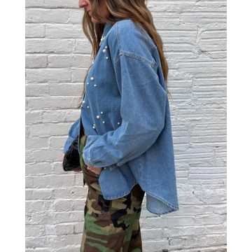 Women Denim Shirt with Pearl Beads - Chic Casual Top
