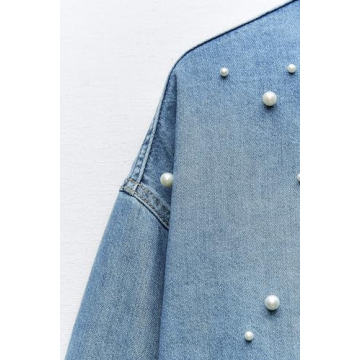 Women Denim Shirt with Pearl Beads - Chic Casual Top