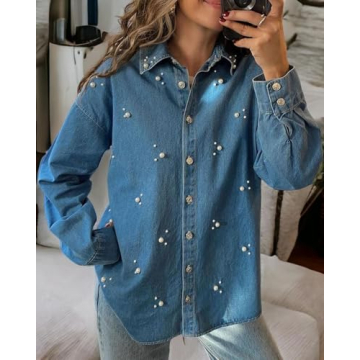 Women Denim Shirt with Pearl Beads - Chic Casual Top