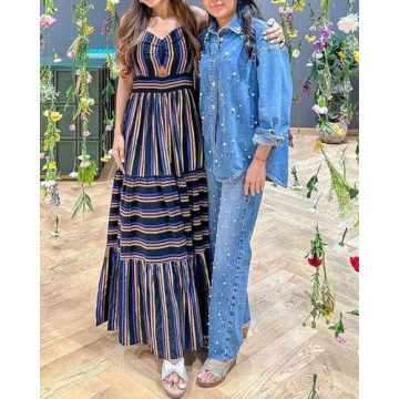 Women Denim Shirt with Pearl Beads - Chic Casual Top