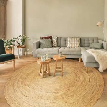 Hausattire Hand Woven Jute Braided Rug, 8’ Round – Natural, Reversible Boho Entry Area Rugs for Kitchen, Living Room I Farmhouse Decorative Floor Rug, 8 Feet Round