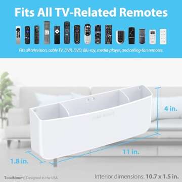 TotalMount Hole-Free Remote Holder – Eliminates The Need to Drill Holes in Your Wall (Premium White Remote Control Holder for 5 or 6 Remotes)
