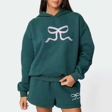 Mtsebmves Women 2 Piece Outfits Sweatsuit Shorts Sets Bow Print Long Sleeve Hoodie Shorts Lounge Sweat Set with Pockets (Dark Green, S)
