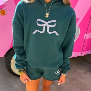 Mtsebmves Women 2 Piece Outfits Sweatsuit Shorts Sets Bow Print Long Sleeve Hoodie Shorts Lounge Sweat Set with Pockets (Dark Green, S)