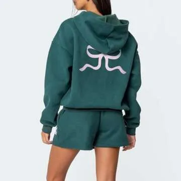 Mtsebmves Women 2 Piece Outfits Sweatsuit Shorts Sets Bow Print Long Sleeve Hoodie Shorts Lounge Sweat Set with Pockets (Dark Green, S)
