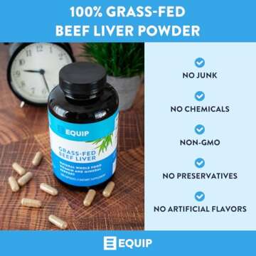 Equip Foods Grass-Fed Beef Liver | Natural Desiccated Beef Liver Supplement | Support Heart Health, Brain Function, Digestion, Metabolism, Immunity, Detoxification | 180 Capsules, 30 Servings