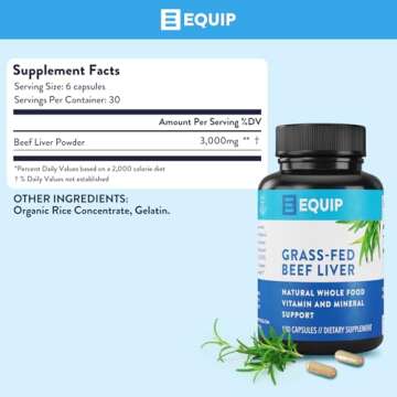 Equip Foods Grass-Fed Beef Liver | Natural Desiccated Beef Liver Supplement | Support Heart Health, Brain Function, Digestion, Metabolism, Immunity, Detoxification | 180 Capsules, 30 Servings