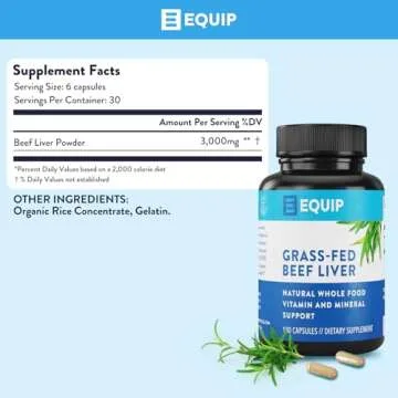 Equip Foods Grass-Fed Beef Liver | Natural Desiccated Beef Liver Supplement | Support Heart Health, Brain Function, Digestion, Metabolism, Immunity, Detoxification | 180 Capsules, 30 Servings